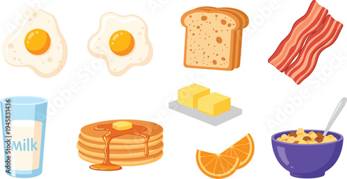 Breakfast Food Set with Eggs, Bacon, Pancakes, Toast, Milk, and Orange for Morning Meal Illustration