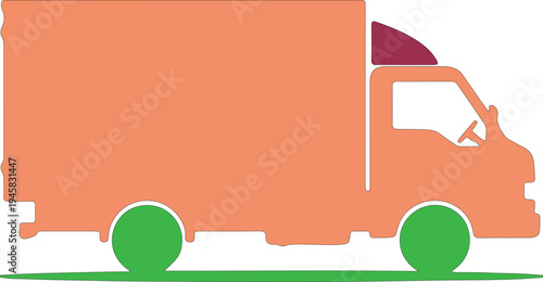 Orange Silhouette of a Delivery Truck with Green Wheels on Green Road