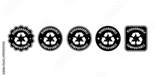 Biodegradable compostable recycle labels and icons set for eco friendly products packaging