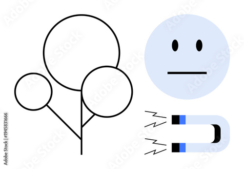 Attraction, emotions, neutrality, magnetism, symbolic nature, relationships. Abstract shapes include a magnet, neutral face and tree-thumbs up structure. Attraction and emotions illustrated