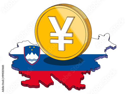 Slovenia map with Japanese yen coin on Slovenian flag colored background