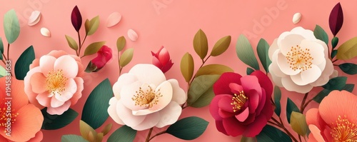 3D paper flowers on a soft pink background with leaves for floral and spring design
