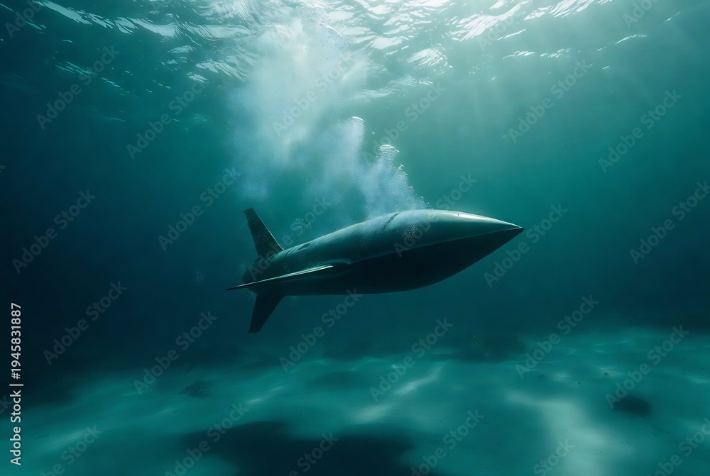 Fototapeta premium A submarine is gliding through a deep, blue ocean.