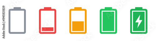 Colored battery level icon set showing empty, low, medium, full and charging states. Power status indicators for mobile device apps and interface UI design