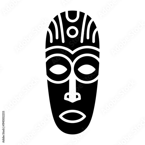 Minimalist black and white African tribal mask vector icon representing ethnic heritage, cultural tradition, and ritualistic art for graphic design.