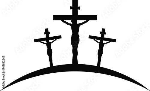 Black silhouette vector illustration of three crosses on Calvary hill representing the crucifixion of Jesus Christ for Christian religious and Easter concepts