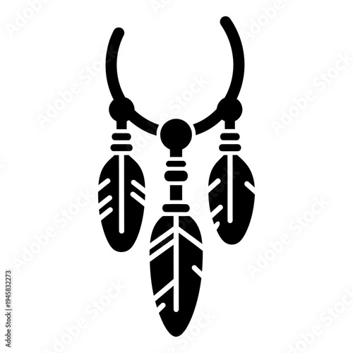 Tribal feather necklace silhouette icon representing Native American culture, bohemian fashion, and spiritual jewelry for graphic design and branding.
