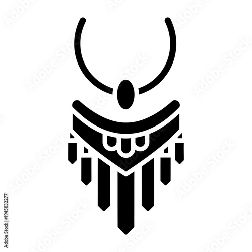 Minimalist black vector icon of a tribal ethnic necklace with decorative pendant and hanging elements for fashion and cultural design projects.