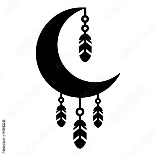 Minimalist black crescent moon dreamcatcher silhouette with hanging feathers and beads for spiritual and bohemian graphic design