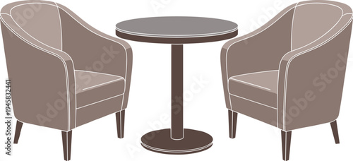 Cafe table with armchairs furniture set, cozy coffee shop seating illustration, modern lounge chairs and round table interior design vector