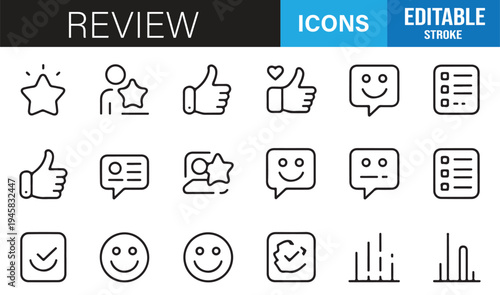 Review evaluation and customer satisfaction line icon set