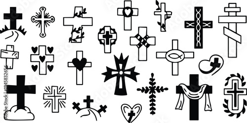 Christian cross symbols collection, religious faith icon set isolated vector illustration for church spirituality, Christianity belief, worship and religion design