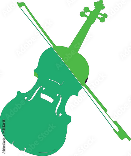 Green silhouette of a double bass and bow crossed on white background