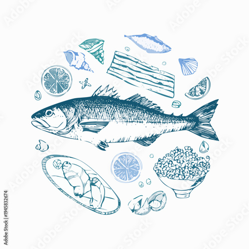 Seacoast sea fish restaurant, coastal cafe food in doodle ink style. Seafood vector illustrations in ink chalk sketch style for party or wedding menu design