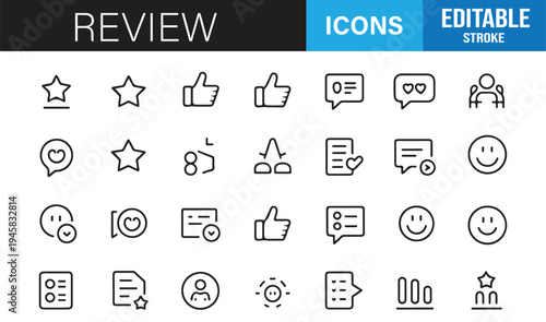 Editable stroke review icons set survey checklist and approval symbols