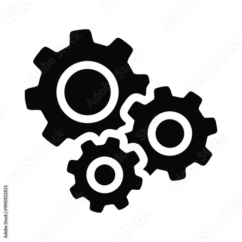 Three interlocking black and white gear icons for mechanical engineering and industrial design
