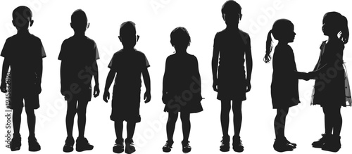 WebChildren silhouettes standing, holding hands, diverse group, casual clothing, childhood unity, posture variation, human figures, social representation, friendship, diversity, illustration