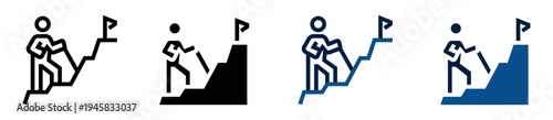 Iconos de escalar montaña. Persona ascendiendo montaña. Logro de metas y superación personal. Ilustración vectorial