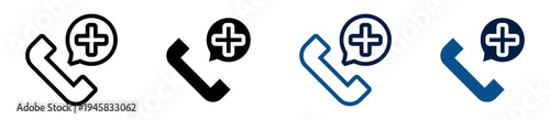 Iconos de llamada médica. Teléfono con globo de mensaje y cruz sanitaria. Consulta médica y comunicación de salud. Ilustración vectorial
