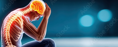X-ray illustration of human spine and brain highlighting back and neck pain with headache symptoms