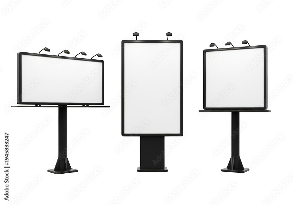 Obraz premium Three identical billboards standing side by side on a flat surface isolated on transparent background,png,PNG