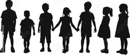 WebChildren silhouettes standing, holding hands, diverse group, unity, friendship, childhood diversity, casual clothing, human figures, social representation, white background illustration