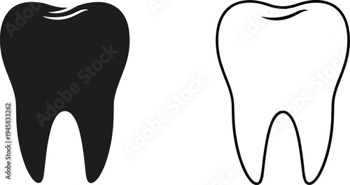 Black and white vector illustration of tooth icons featuring a solid silhouette and an outline version isolated on white background