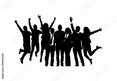 Black silhouettes, happy business people, jumping team, celebration icons, vector graphics