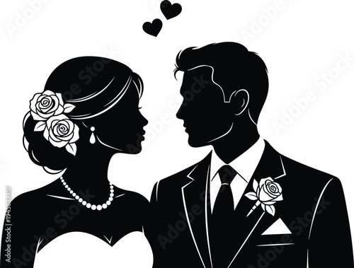 Black and white vector illustration of a bride and groom couple in wedding attire with hearts isolated on white