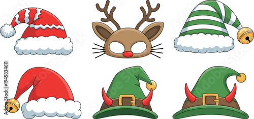 WebChristmas costume accessories, Santa hats, elf hats, reindeer mask, festive design, holiday theme, winter celebration, vector illustration, isolated, decorative