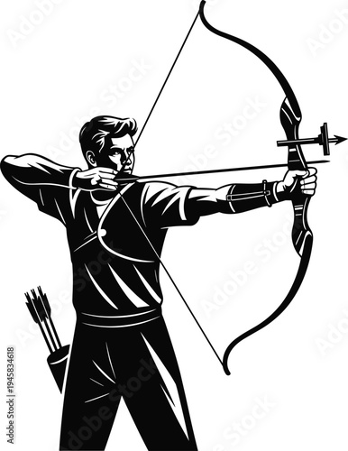 Black silhouette of an archer drawing a bow with arrows for competitive sports target practice and hunting concepts