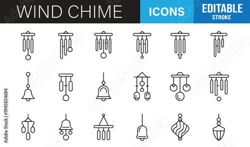 Feng shui wind chime icon set hanging bell decorative editable stroke vector