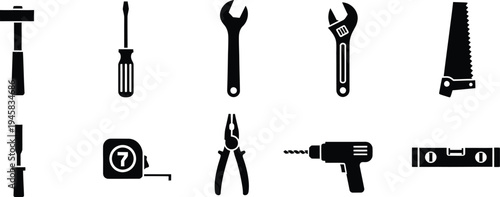 Set of black and white construction tool icons including hammer, screwdriver, saw, and drill.