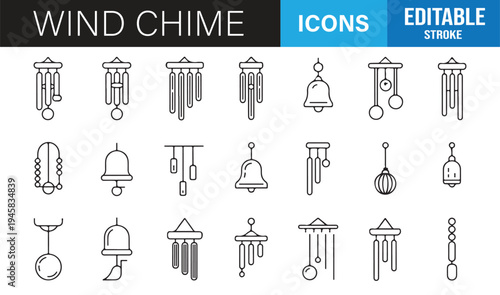 Editable stroke wind chime icons collection bamboo bell ornament vector set