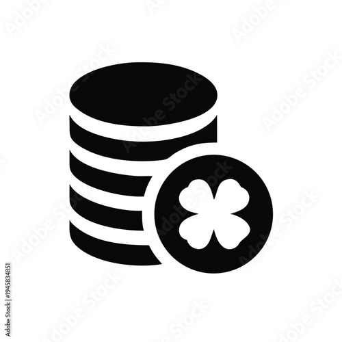 Flat black silhouette icon stacked coins with a four-leaf clover, symbolizing financial luck, prosperity, and good fortune