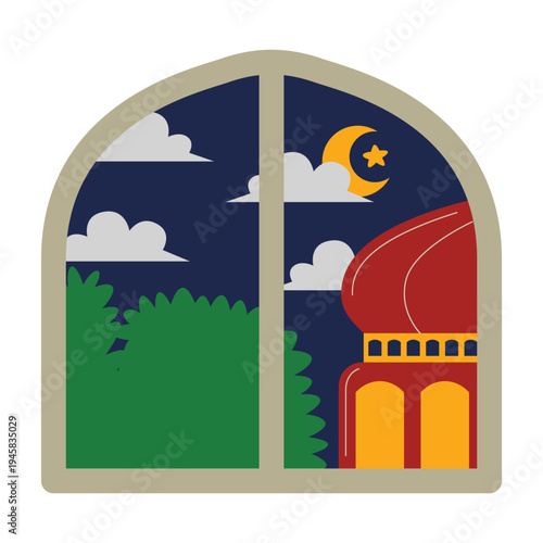 Ramadan night view from window with mosque and crescent moon
