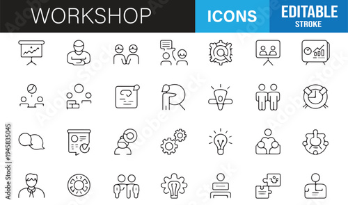 Professional development workshop outline icons set for presentation and coaching
