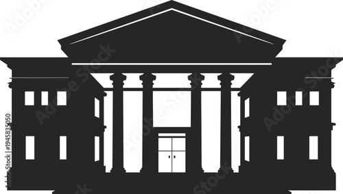 Black silhouette of neoclassical building with columns for government law court university and historical architectural design concepts