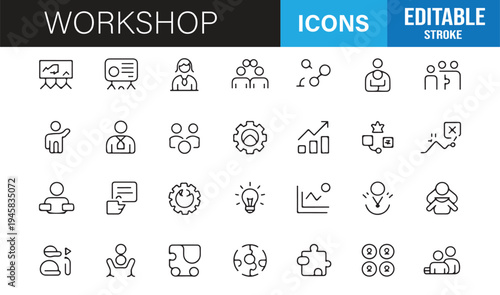 Corporate training and teamwork workshop line icons minimal editable collection