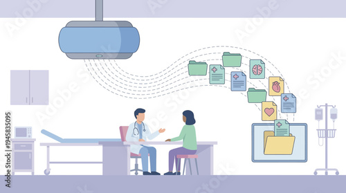 Doctor and patient consulting with digital health records data stream transferring