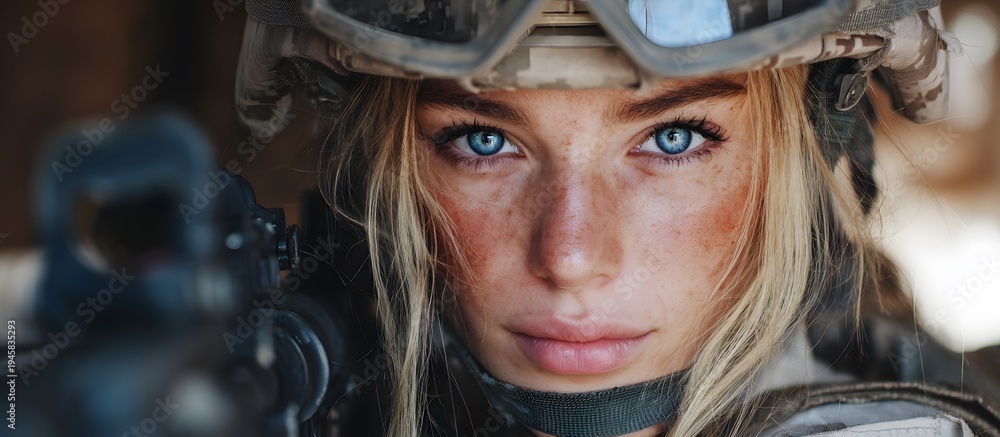 Fototapeta premium Close-up of a female soldier holding a weapon.