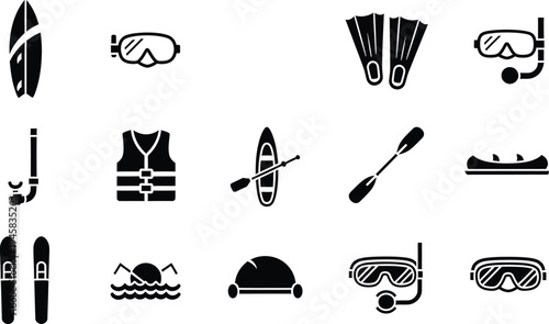 Set of black silhouette icons for water sports and outdoor recreational activities