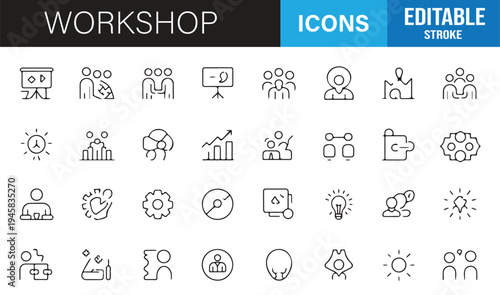 Editable stroke workshop icons pack for training coaching and corporate learning