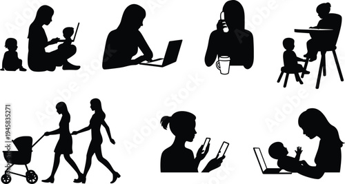 Black silhouette set of multitasking mothers working on laptops and using phones while caring for babies and small children