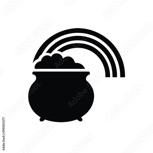 Bold solid black flat graphic of a pot brimming with gold coins at the base of an arched rainbow, symbolizing good fortune