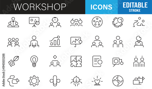 Business workshop outline icons set with teamwork presentation and leadership concepts