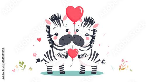 Cute zebra cartoon characters with heart and balloon, adorable safari animal mascots expressing love for Valentine greeting cards and kids design