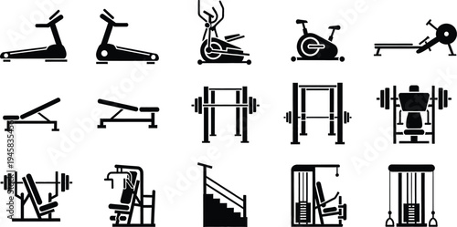 Collection of black and white icons representing various gym and fitness equipment for workout.