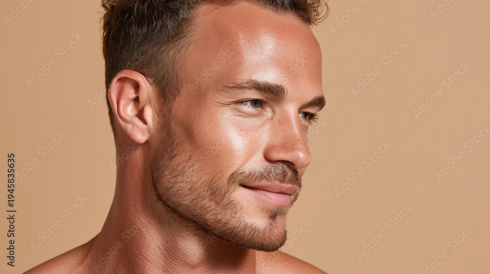 Naklejka premium Handsome man with subtle fresh facial shine and warm spa light halo, calm expression and smooth skin in close up portrait
