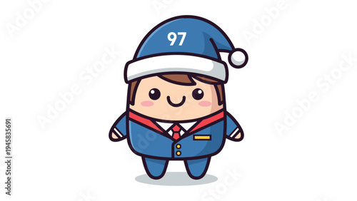 A cute cartoon character wearing a blue santa hat with the number ninety seven printed on the front Vector